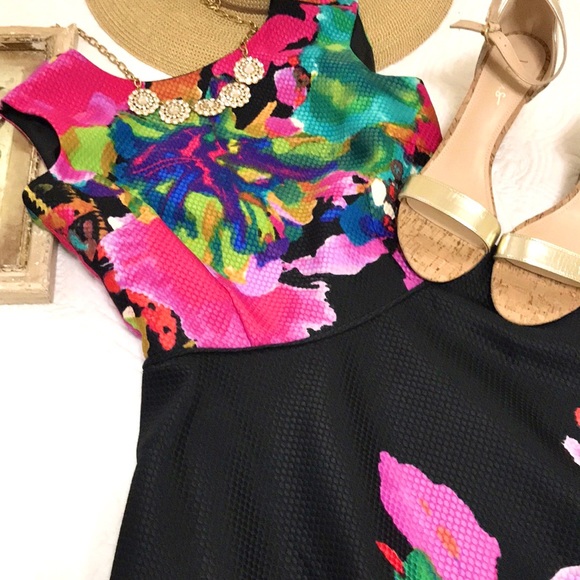 Tahari Vibrant Watercolor Fit and Flare Dress - Picture 11 of 16